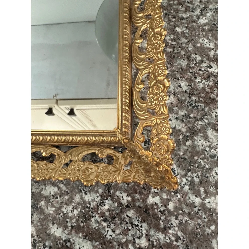 Vintage Ornate Gold Mirrored Vanity Tray Floral Filigree Hollywood Regency 17x11